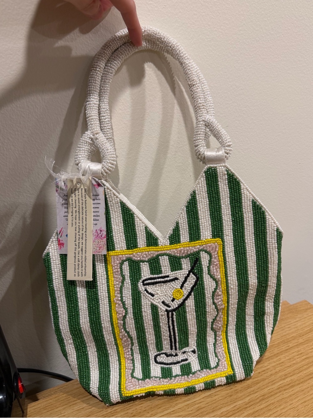 Beaded Martini Green White purse Tote Bag handle bag tjmaxx Women’s NWT